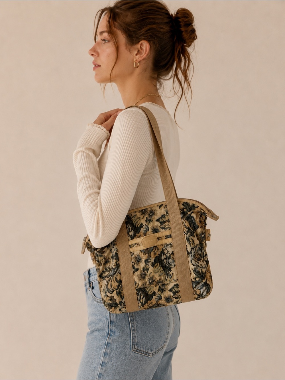 Stashe Vintage Tapestry Floral Tote Bag Beige Neutral Carryall Shoulder Bag - Picture 5 of 5